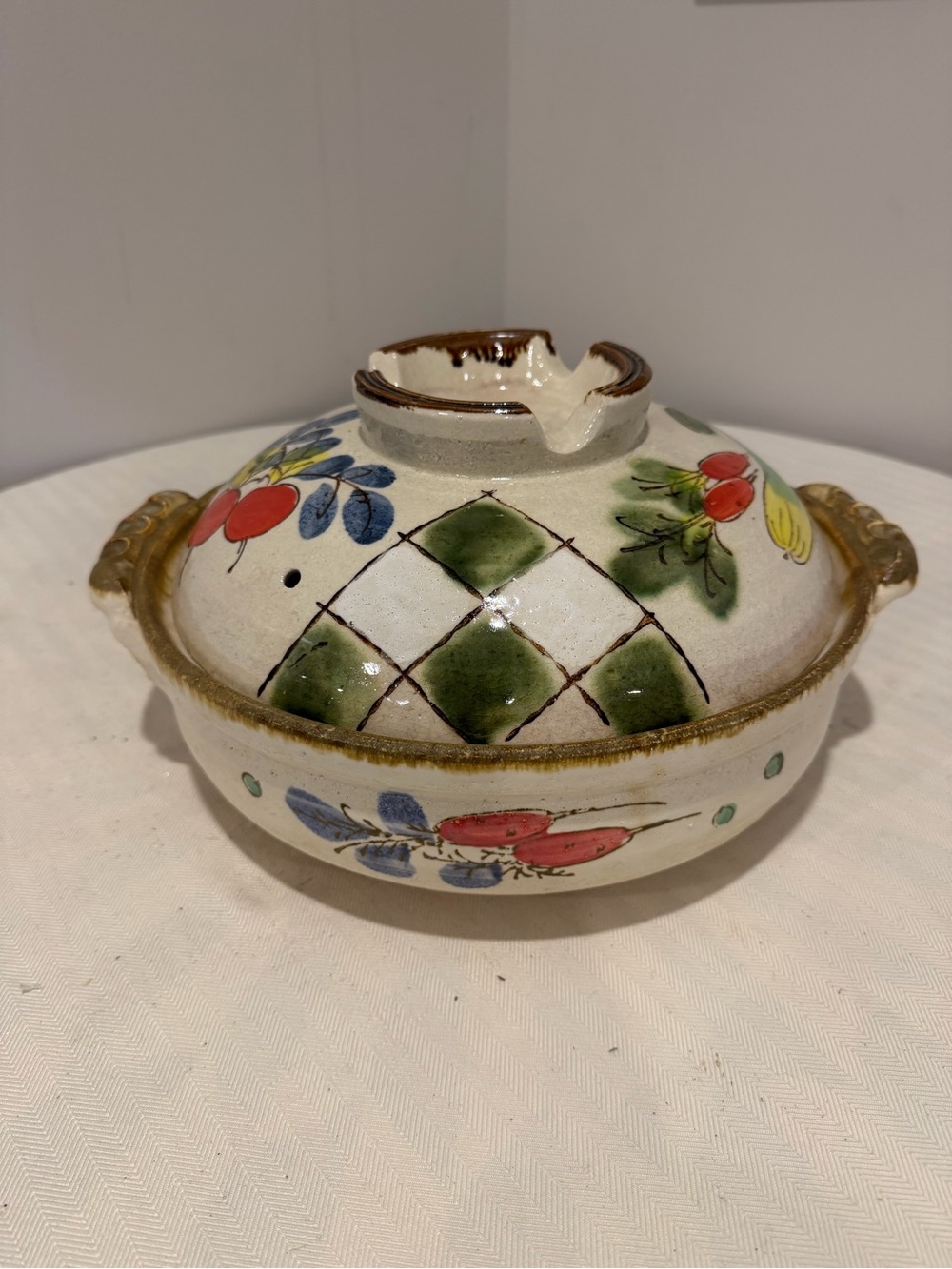 Vintage 14” Japanese Donable Rice (Casserole) Cooker Clay Pot Hand painted